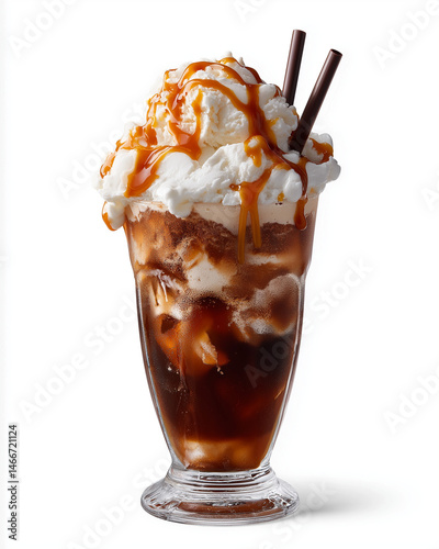 Classic root beer float with vanilla ice cream and caramel drizzle, food photography, transparent background, studio lighting from above, extremely detailed texture