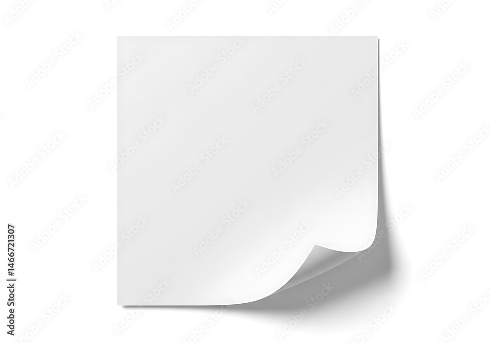 A close up of a blank white sheet of paper with a curled corner casting a soft shadow on white background A close up of a blank white sheet of paper with a curled corner casting a soft shadow on white background