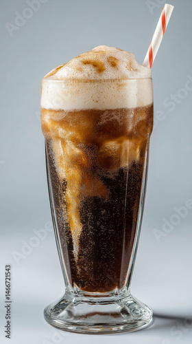 Root beer in an old-fashioned soda fountain glass with straw and foam overflow, detailed liquid texture, invisible background, perfect studio lighting