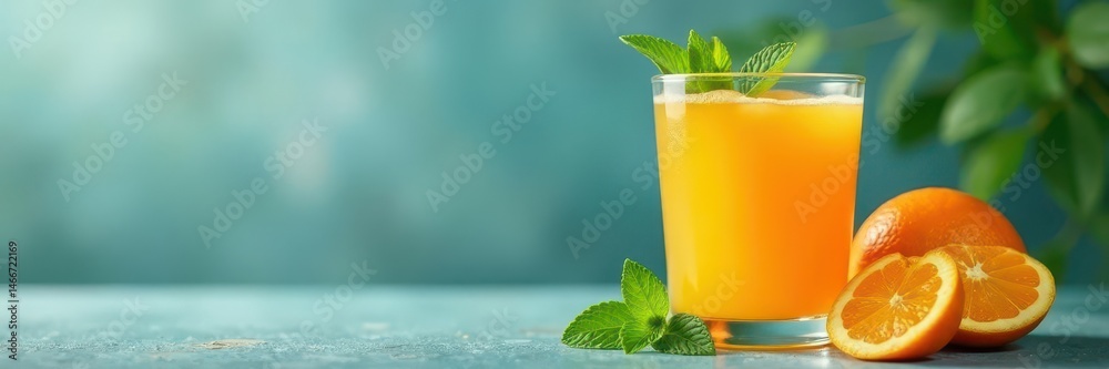Fototapeta premium Refreshing glass of orange juice, mint garnish, glass, cool