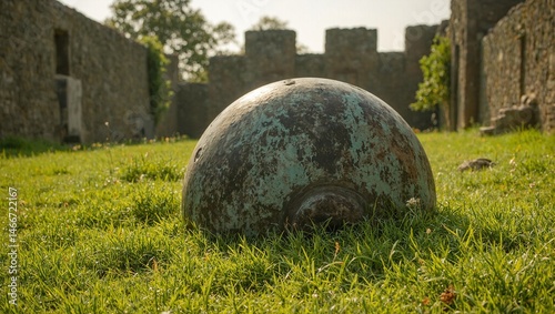 Weathered cannonball in old fort