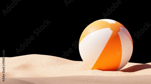 A beach ball with orange and white stripes sits on a pile of sand.