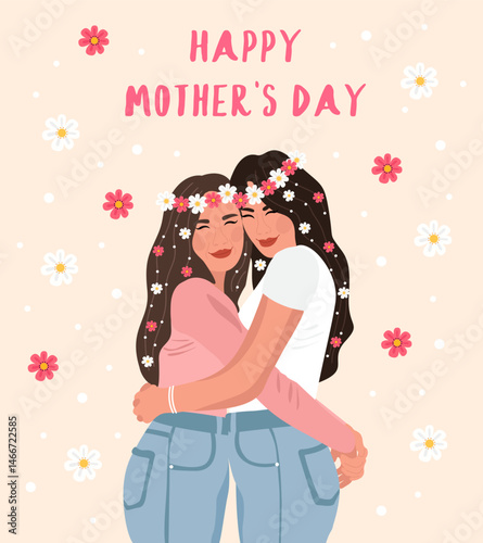 Illustration of mom and daughter on light pink background. Greeting card for a happy mother's day.