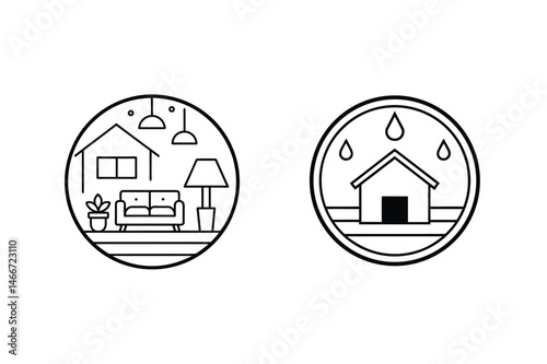 Modern home design and weather elements illustrated within circular line art design