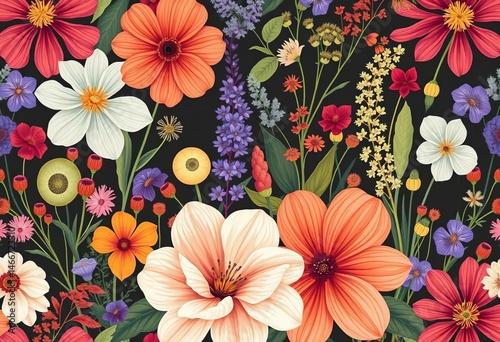 Abstract floral seamless pattern featuring wild herbs and modern abstract flowers , wallpaper, fabric