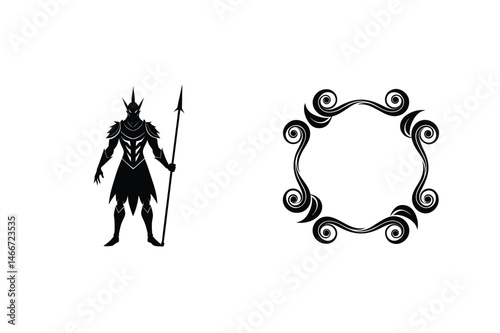 Powerful warrior silhouette holding spear and elegant decorative swirl frame on white background
