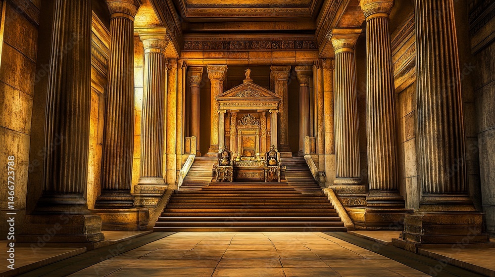 Obraz premium Majestic hall with an ornate throne atop broad stone steps, framed by colossal pillars, flickering light enhances the intricate carvings, wide composition showcases the grandeur 
