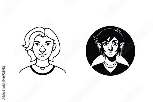 Two illustrations of a person featuring ear piercings and a nose ring in a black and white style