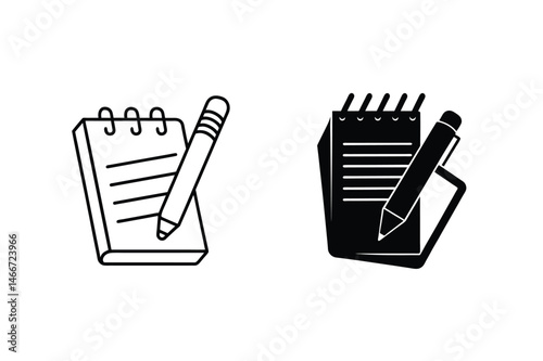 Simple black and white illustrations of a notepad and pen representing writing and note taking
