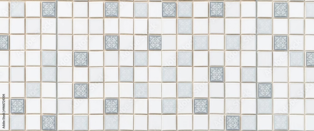 Fototapeta premium Abstract gray mosaic geometric pattern on white ceramic tile background, room, illustration