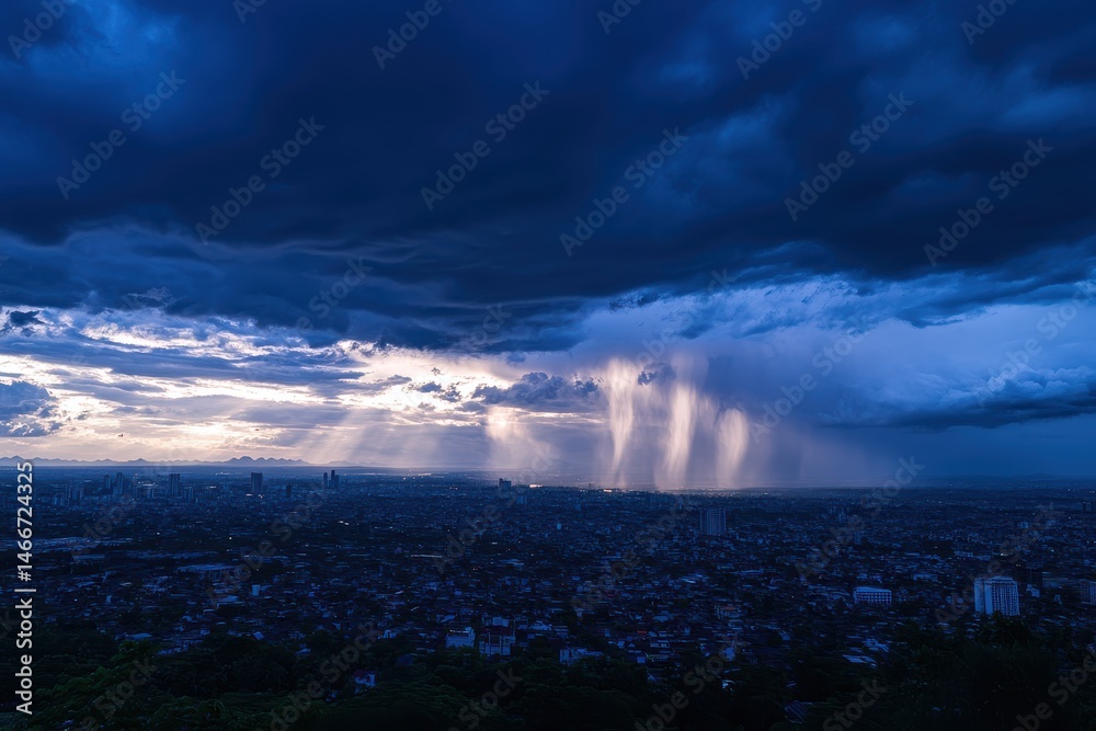 Fototapeta premium Dramatic storm clouds with sun rays over city skyline at dusk