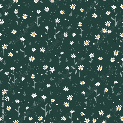 Meadow flowers seamless pattern. Grass with daisy or chamomile flowers. Summer fields background. Vector cartoon illustration.