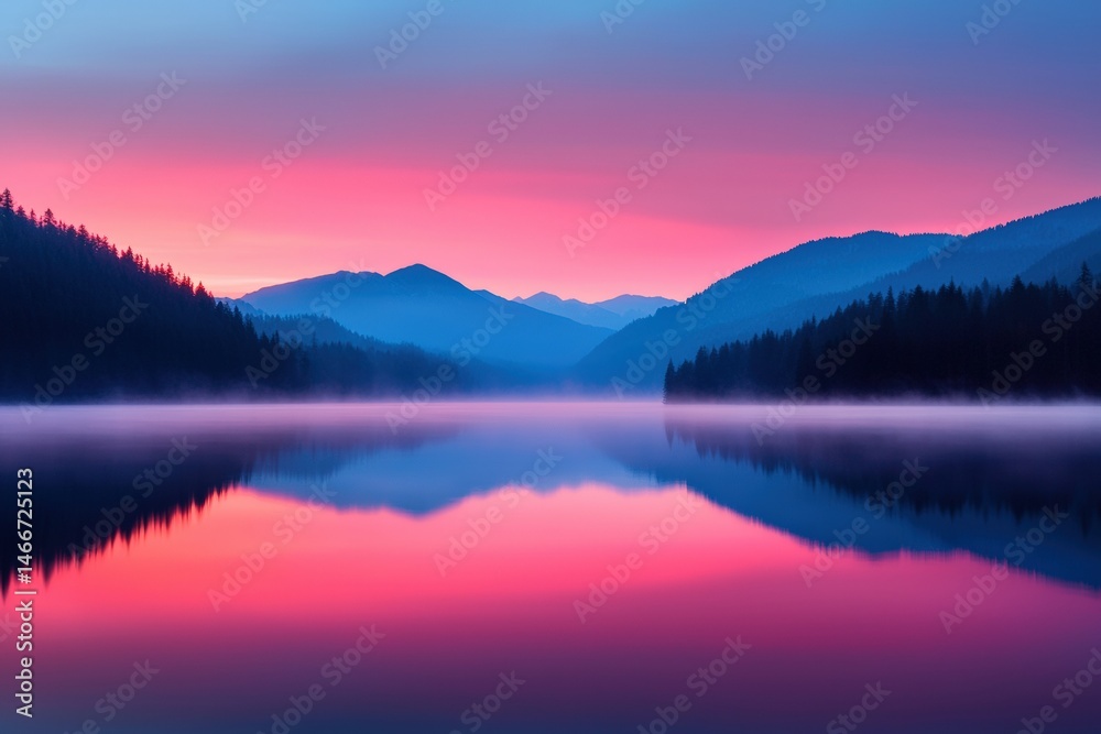 Fototapeta premium Dawn mist blanketing serene mountain lake reflecting vibrant hues