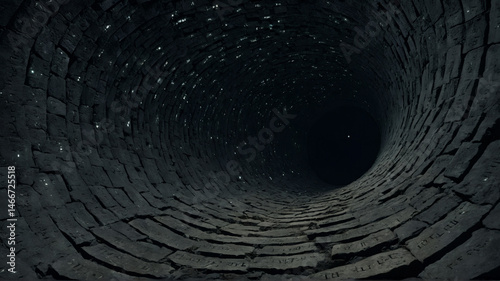 Inside deep dark stone well looking up