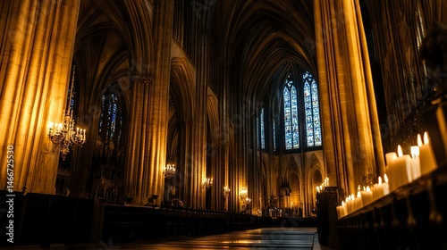 Medieval cathedral enveloped in dim light, towering pillars under soft candlelight, glowing stained glass windows scatter faint colors, spectral forms praying, wide-angle shot captures vastness. 