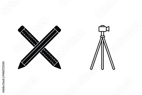 Creative process featuring pencil and camera tripod black and white icon illustration