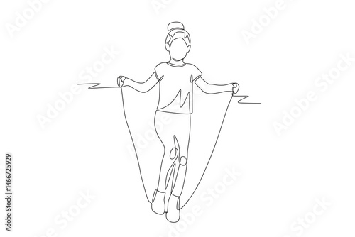 Girls play jumping rope. Kid jumps rope concept one-line drawing