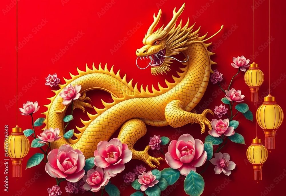 Fototapeta premium A majestic golden dragon entwined with vibrant lotus flowers and hanging lanterns against a rich red background, red background, ornate