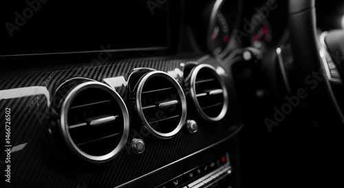 Detailed Car Interior featuring Circular Air Vents with Silver Trim and Carbon Fiber Dashboard in Low Key Lighting