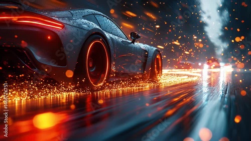 Car with sparks effect on the road in slow motion
