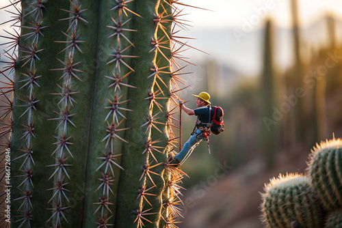 Climber scaling large spiky cactus in desert landscape