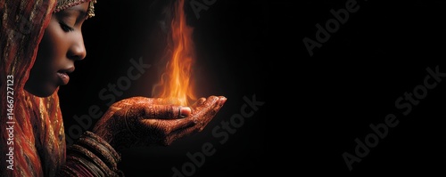 A woman with henna-adorned hands gently holds a flame, highlighting tradition and spirituality against a dark background.