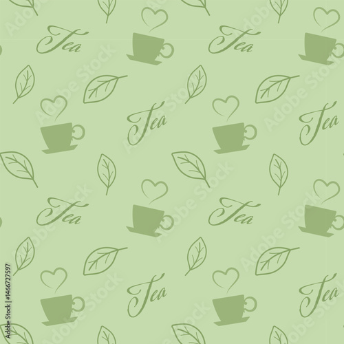 Seamless pattern with tea leafs and mugs. Can be used for packing or wrapping