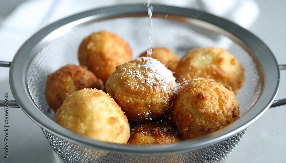 Delicious Golden Fried Potato Balls in a Metal Colander Being Sprinkled with Powdered Sugar Delicious Golden Fried Potato Balls in a Metal Colander Being Sprinkled with Powdered Sugar