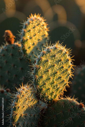 Close-up of prickly pear cactus pads with sharp yellow spines