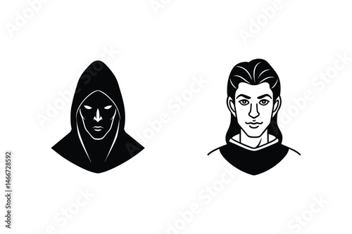 Mysterious figure in a hood and a handsome young man in vector black and white style