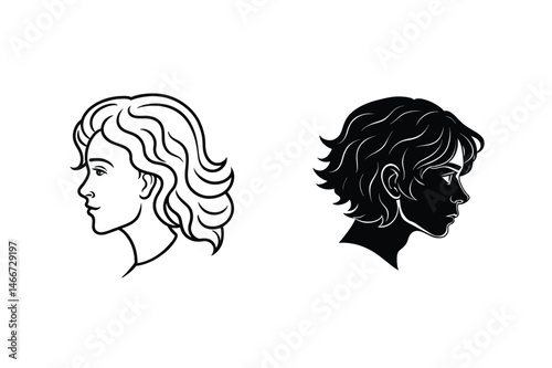 Elegant profile portraits of two young people silhouetted in black and white