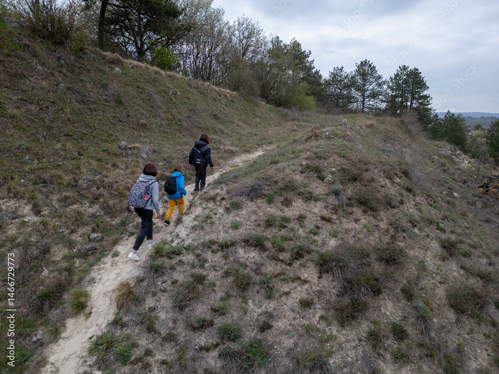 Obraz premium Mother and two children hiking through wild nature on a cloudy day. They walk up a grassy hill surrounded by bushes and rocks, enjoying time together in a natural environment