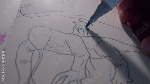 A hand coloring an octopus in a sketchbook