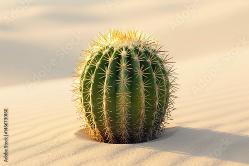 Round green cactus in sunlit desert sand with sharp spines closeup