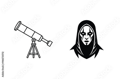 Black and white illustrations of a telescope and mysterious figure with dramatic makeup