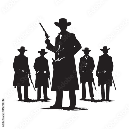 1800s Cowboy Standing Vector Silhouette, Western Icon, Vintage Cowboy Design, Rugged Pioneer Art, Old West Illustration, Western Hero.
