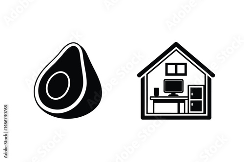 Healthy avocado slice and home office icon conceptual representation isolated on white background