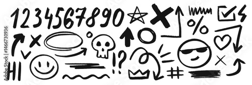 Set of marker numbers and ink elements. Drawing arrow and skull, emoticons and doodle circles. Hand-drawn doodle squiggles with crayon