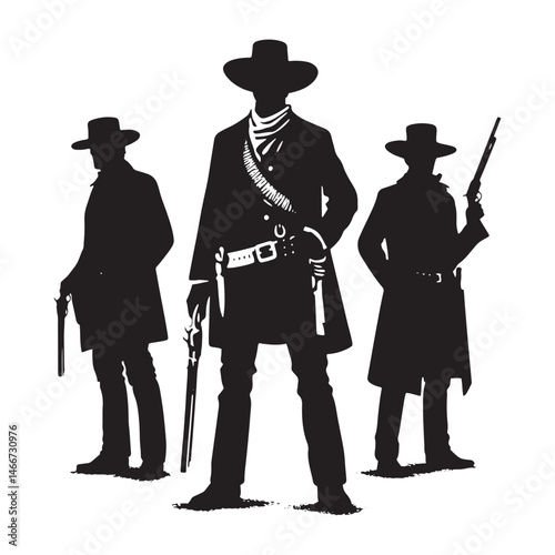 1800s Cowboy Standing Vector Silhouette, Western Icon, Vintage Cowboy Design, Rugged Pioneer Art, Old West Illustration, Western Hero.
