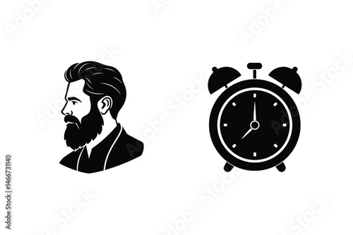 Silhouette illustration of a bearded man profile and a simple alarm clock on white background