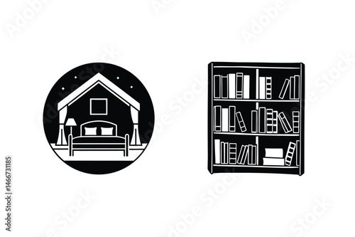 Illustrated bedroom concept with bed and bookshelf in minimalist black and white style