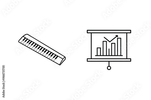 Musical piano keys and presentation chart showing business growth and analytics