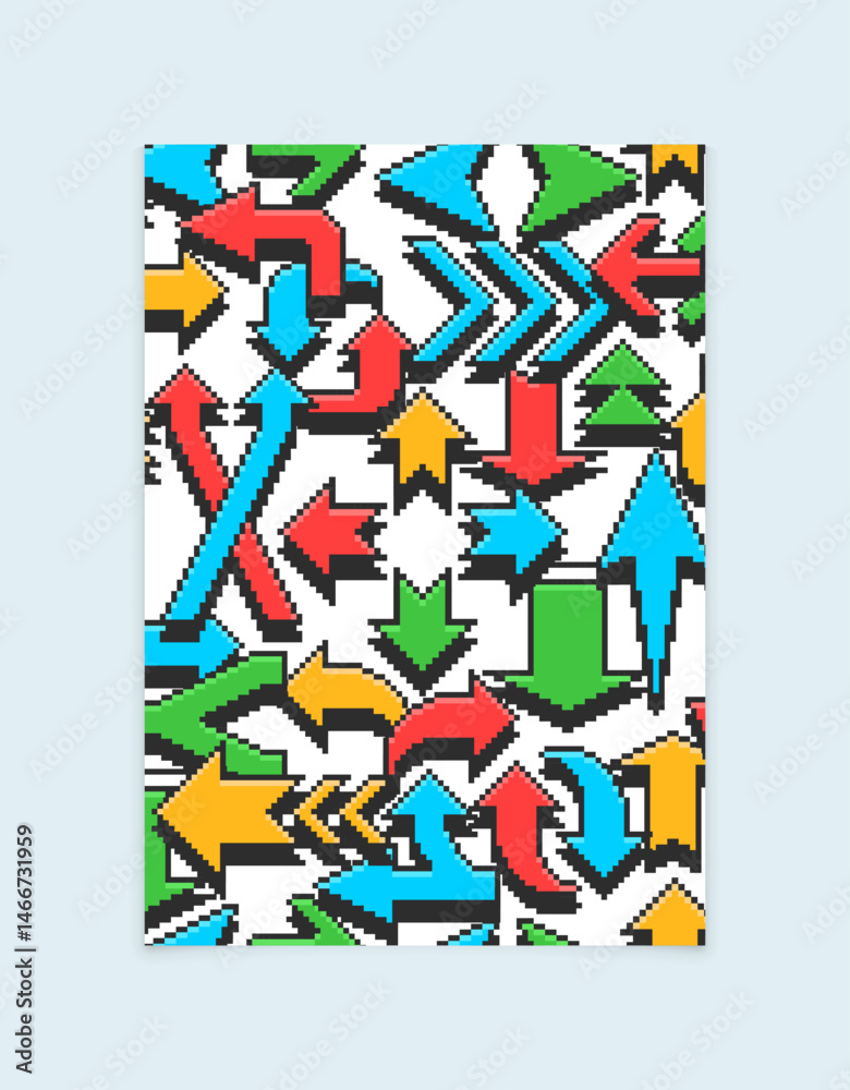 Fototapeta premium Poster with colored arrows pointers. Retro illustration in pixel style on white background