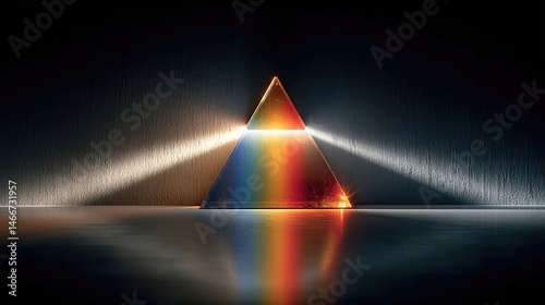 Glass prism dispersing white light into spectrum with vivid rainbow colors in dark minimal scene, concept of optics and science