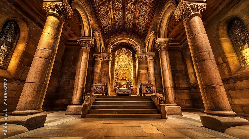Obraz premium Ornate throne room, grand stone pillars rise to a vaulted ceiling, a throne with intricate carvings sits atop wide stone steps, soft golden light highlights the grandeur, wide-angle view. 