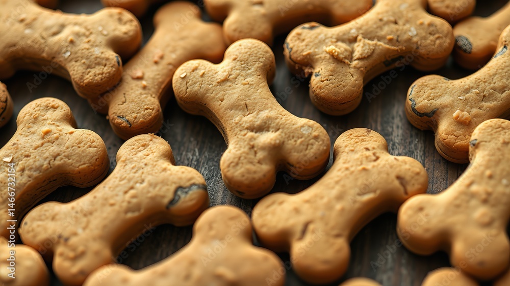 Fototapeta premium A close-up shot reveals numerous delicious bone-shaped dog biscuits arranged on a rustic wooden surface.