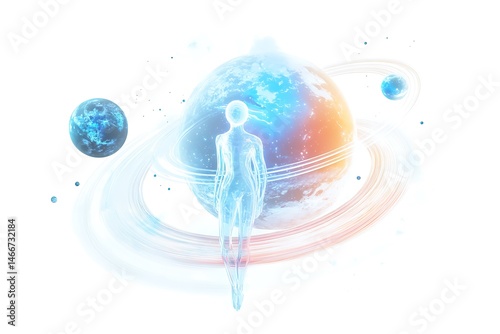 3D Style Ethereal Being with Orbiting Planetary Rings