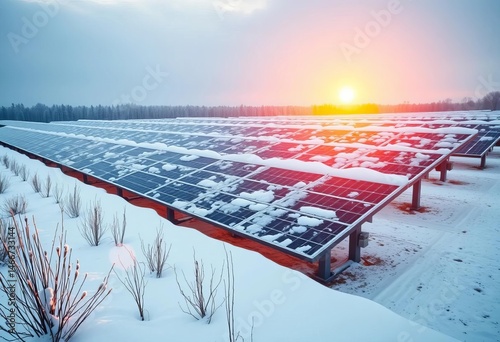 Snow-covered solar panels generating clean energy in winter, ice, frozen