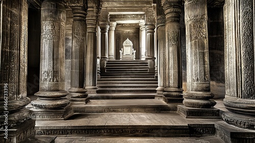 Regal throne room, steps ascending to an opulent throne framed by massive stone columns, ambient light enhances the intricate carvings, wide-angle perspective captures majesty.  