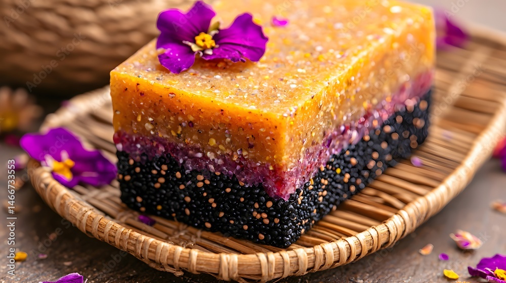 Layered Handmade Soap with Purple Flowers on Rattan Tray Layered Handmade Soap with Purple Flowers on Rattan Tray